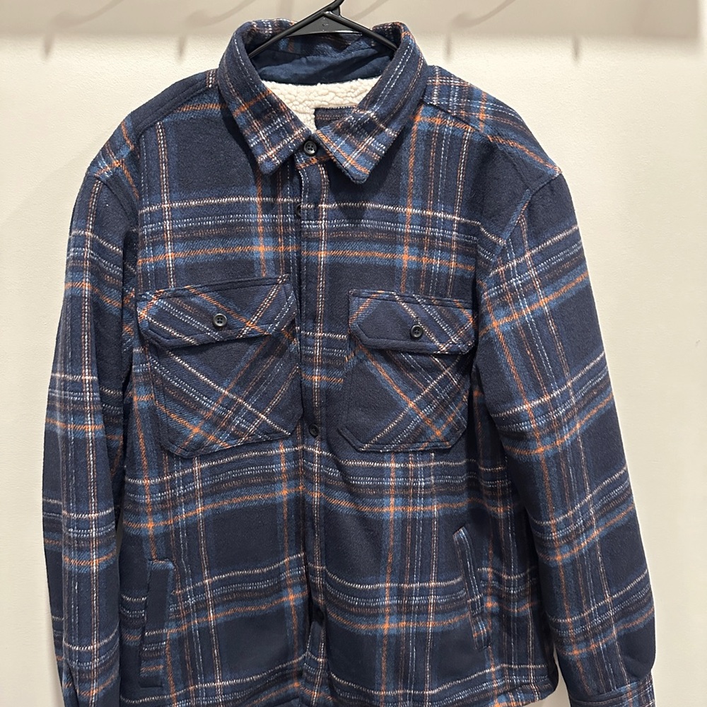 Zara Navy and Orange Plaid Shirt Jacket